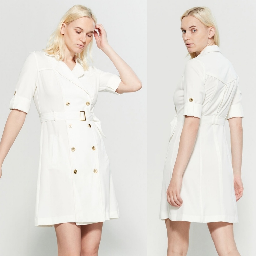 Sharagano Belted Double Breast Ivory Trench Dress